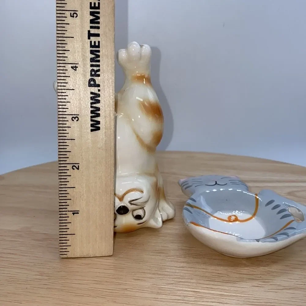 Lot of 2 Whimsical Ceramic Kitties 1 Tumbling Figurine and 1 Trinket Dish
